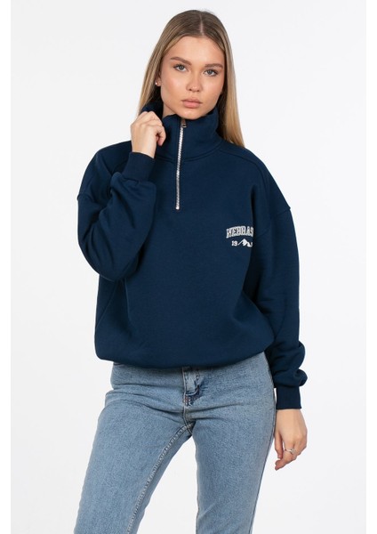 Yarım Fermuarlı Yazı Baskılı Sweatshirt - Lacivert