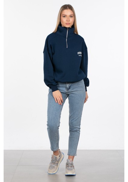 Yarım Fermuarlı Yazı Baskılı Sweatshirt - Lacivert