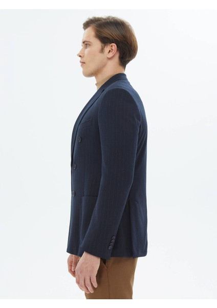 Lacivert Çizgili Modern Fit Örme Ceket