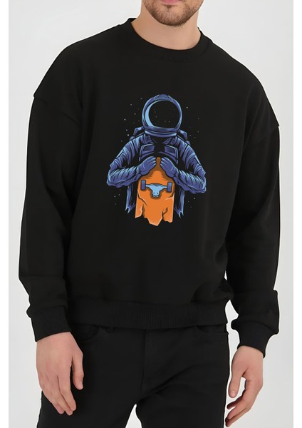 Astronot Kaykay Baskılı Siyah Kadın Erkek Pamuklu Sweatshirt Cu26