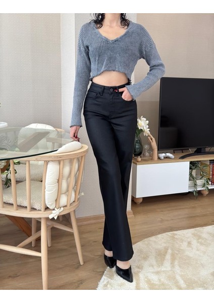 Kaplamalı Siyah Kadın Wide Leg Jean Yüksek Bel Palazzo Likralı Esnek Kot Pantolon JESSİCA-2037