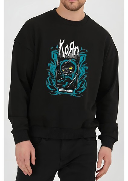 Korn Metal Müzik Baskılı Siyah Kadın Erkek Pamuklu Sweatshirt Cu27