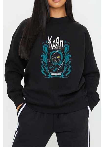 Korn Metal Müzik Baskılı Siyah Kadın Erkek Pamuklu Sweatshirt Cu27 fiyatları