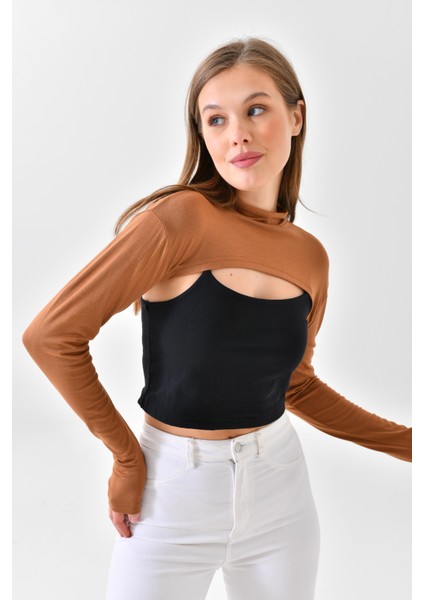 Dik Yaka Boyunluklu Kolluk - Pamuk Bolero Crop, Uzun Kollu Balıkçı Yaka, Rahat ve Şık Tasarım