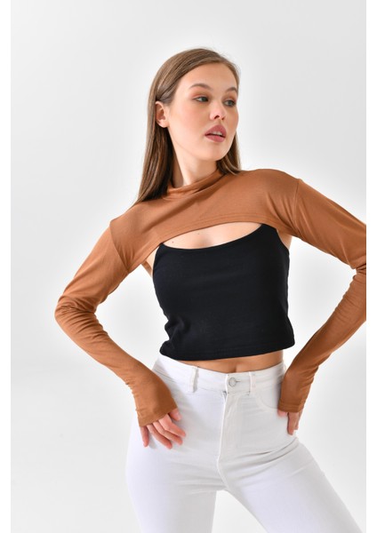 Dik Yaka Boyunluklu Kolluk - Pamuk Bolero Crop, Uzun Kollu Balıkçı Yaka, Rahat ve Şık Tasarım