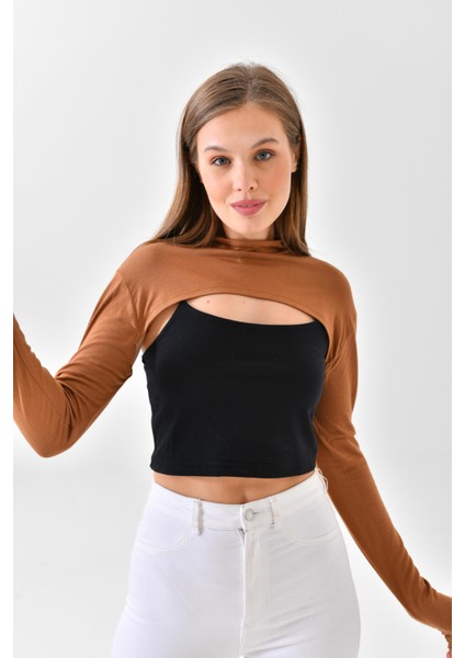 Dik Yaka Boyunluklu Kolluk - Pamuk Bolero Crop, Uzun Kollu Balıkçı Yaka, Rahat ve Şık Tasarım