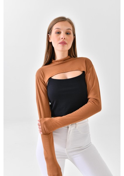 Dik Yaka Boyunluklu Kolluk - Pamuk Bolero Crop, Uzun Kollu Balıkçı Yaka, Rahat ve Şık Tasarım