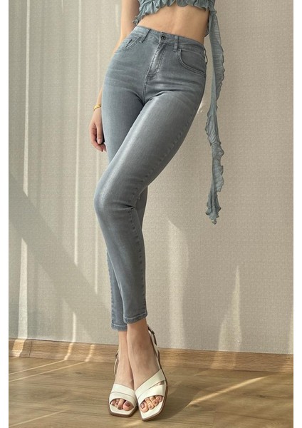 Gri Kadın Skinny Fit Jean Yüksek Bel Likralı Esnek Kot Pantolon Jennie-Gri