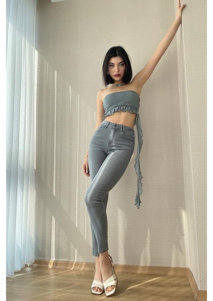 Gri Kadın Skinny Fit Jean Yüksek Bel Likralı Esnek Kot Pantolon Jennie-Gri fiyatları