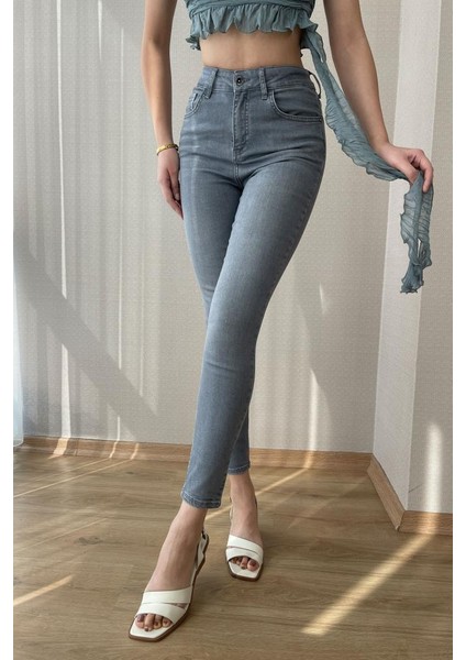 Gri Kadın Skinny Fit Jean Yüksek Bel Likralı Esnek Kot Pantolon Jennie-Gri modelleri