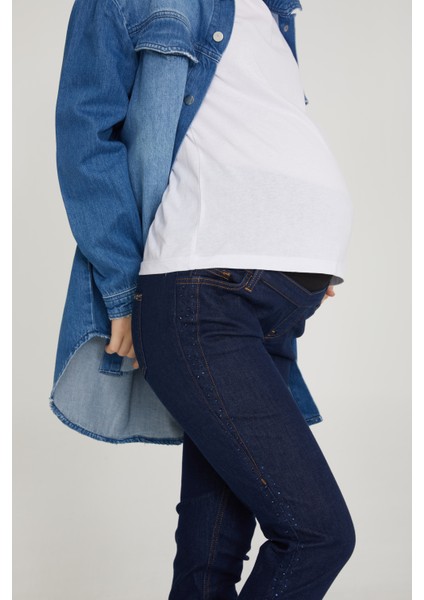 Slim Fit Likralı Hamile Jean Taş Detaylı Koyu Mavi Pantolon 1024 fırsatları