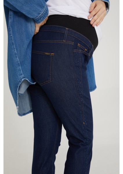 Slim Fit Likralı Hamile Jean Taş Detaylı Koyu Mavi Pantolon 1024 indirimleri