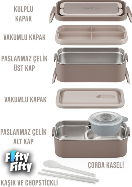 2000 ml 2 Kat Paslanmaz Çelik Çorba Kaseli Bento Lunch Box Yeni Nesil Sefer Tası -FFLBOX01029