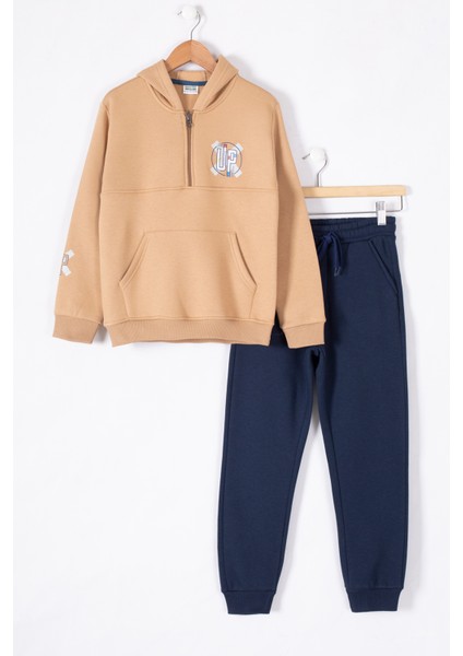 Taba Fermuarlı Yaka Kapüşonlu Erkek Çocuk Şardonlu Eşofman Takımı 19619