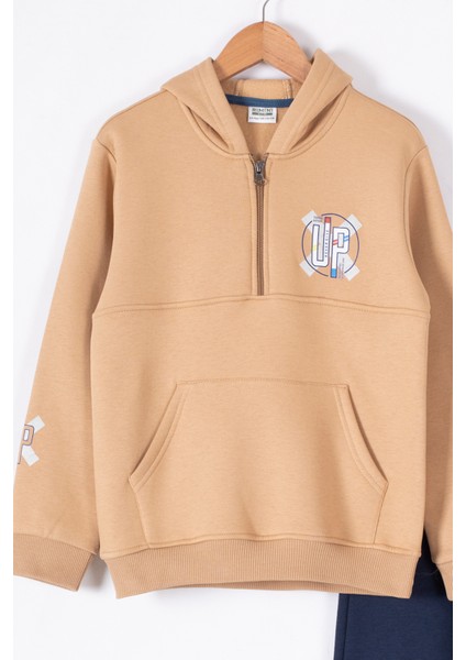 Taba Fermuarlı Yaka Kapüşonlu Erkek Çocuk Şardonlu Eşofman Takımı 19619 modelleri