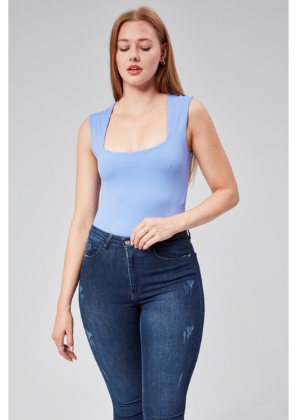 Mavi Sıfır Kol Kare Yaka Dekolteli Çıtçıtlı Bodysuit