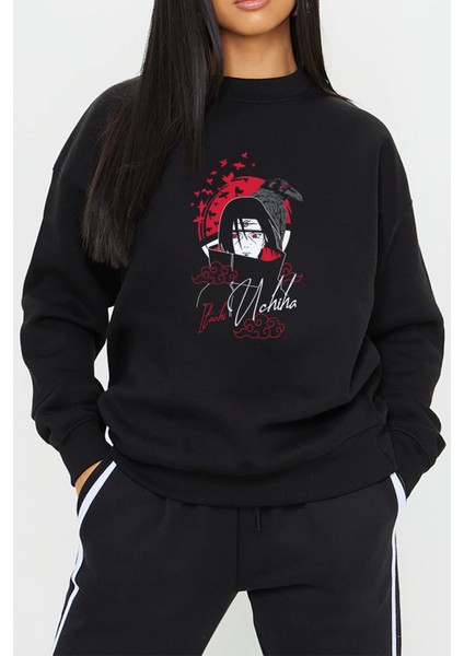 Naruto Itachi Anime Baskılı Siyah Kadın Erkek Pamuklu Sweatshirt Cu31
