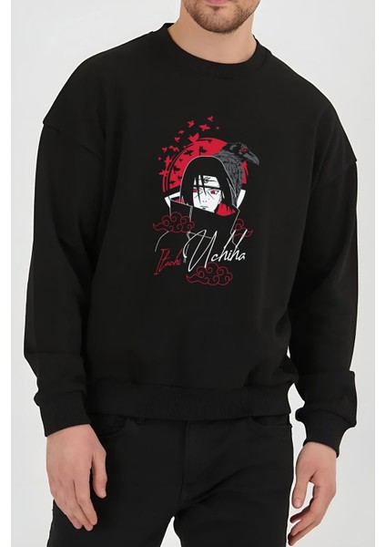 Naruto Itachi Anime Baskılı Siyah Kadın Erkek Pamuklu Sweatshirt Cu31
