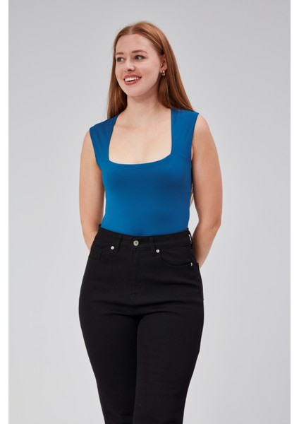 Petrol Mavi Sıfır Kol Kare Yaka Dekolteli Çıtçıtlı Bodysuit