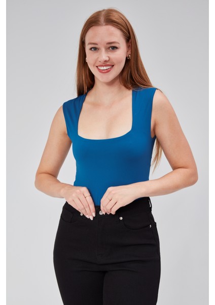 Petrol Mavi Sıfır Kol Kare Yaka Dekolteli Çıtçıtlı Bodysuit