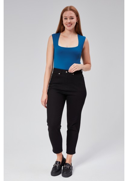 Petrol Mavi Sıfır Kol Kare Yaka Dekolteli Çıtçıtlı Bodysuit