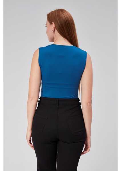 Petrol Mavi Sıfır Kol Kare Yaka Dekolteli Çıtçıtlı Bodysuit