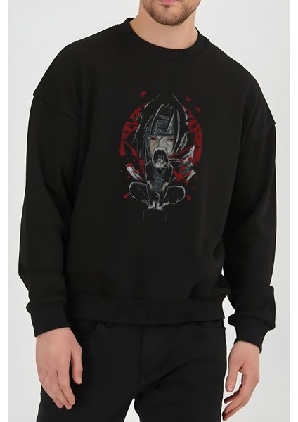 Naruto Itachı Anime Baskılı Siyah Kadın Erkek Pamuklu Sweatshirt Cu32
