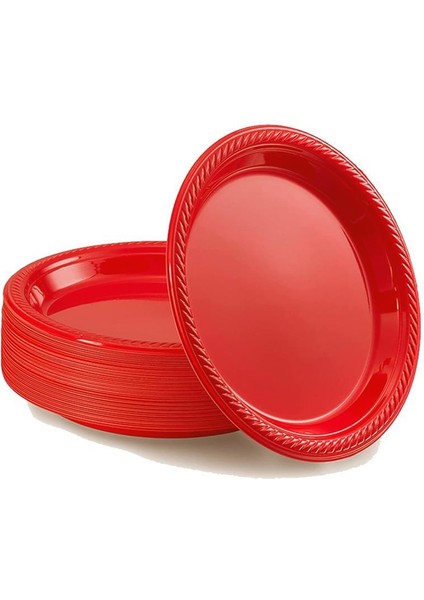 Roll-Up Kullan At Renkli Kırmızı Parti Davet Plastik Tabak - 22 cm . - 25 Adetlik 3 Paket