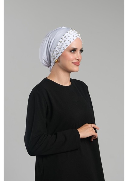 Beyaz Pratik Hazır Geçmeli Tesettür Bone Sandy Kumaş Taşlı 1456_42 fiyatları