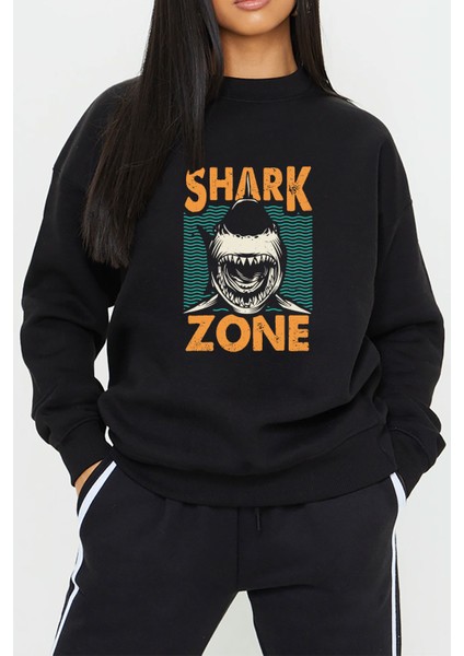 Köpek Balığı Baskılı Siyah Kadın Erkek Pamuklu Sweatshirt Cu33