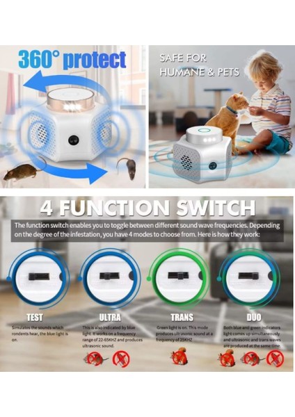 Ultrasonic Avangard Dörtlü Sistem Ultra Güçlü Fare ve Haşere Kovucu Cihaz Şıktasarım