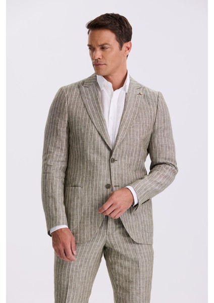 Haki Slim Fit Kırlangıç Yaka Çift Yırtmaçlı %100 Keten Spor Takım Elbise