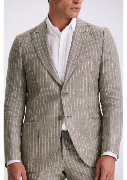 Haki Slim Fit Kırlangıç Yaka Çift Yırtmaçlı %100 Keten Spor Takım Elbise