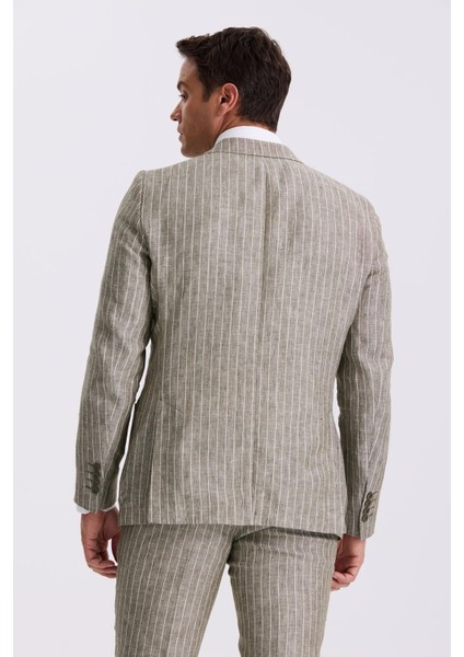 Haki Slim Fit Kırlangıç Yaka Çift Yırtmaçlı %100 Keten Spor Takım Elbise