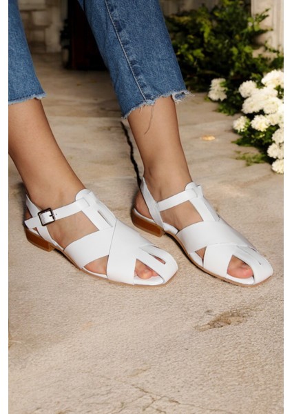 Kadın Beyaz Deri Sandalet Çapraz Fisherman K.346-01 modelleri