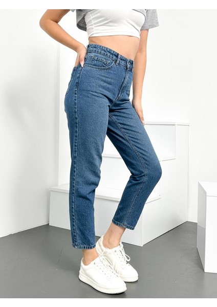 Açık Mavi Kadın Likralı Mom Jean Yüksek Bel Esnek Kot Pantolon Anna-Açmavi