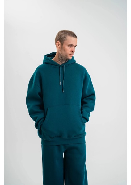 Unisex Double Oversize Kapşonlu Basic Sweatshirt - Koyu Deniz Yeşili