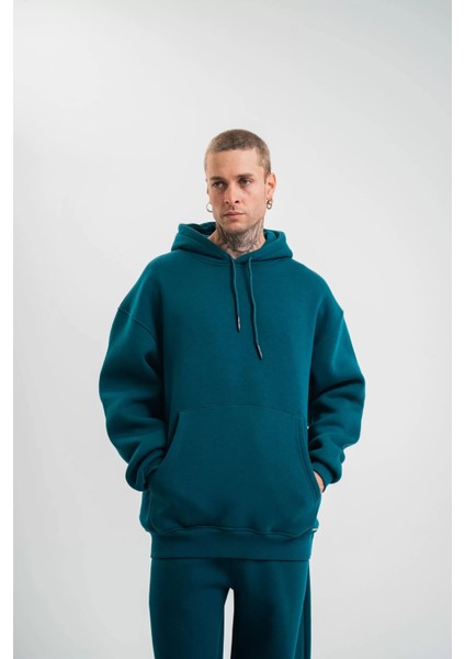 Unisex Double Oversize Kapşonlu Basic Sweatshirt - Koyu Deniz Yeşili