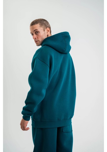 Unisex Double Oversize Kapşonlu Basic Sweatshirt - Koyu Deniz Yeşili