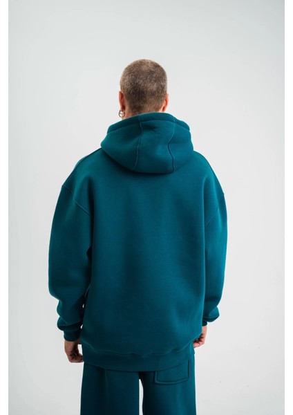 Unisex Double Oversize Kapşonlu Basic Sweatshirt - Koyu Deniz Yeşili
