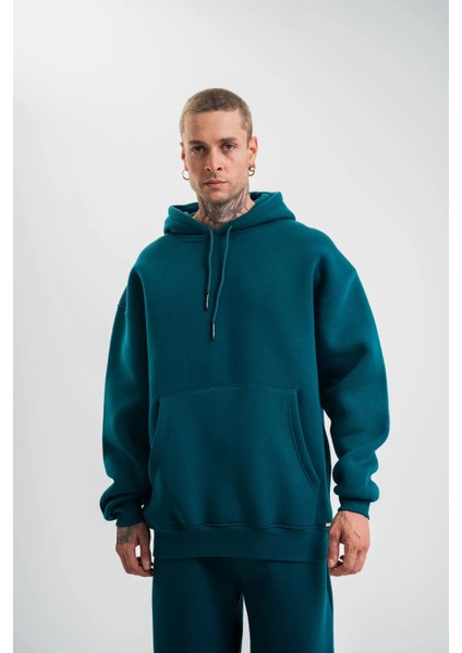 Unisex Double Oversize Kapşonlu Basic Sweatshirt - Koyu Deniz Yeşili