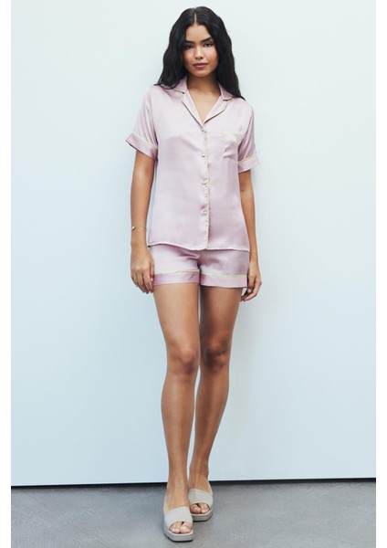Amoureux Saten Gül Kurusu Kısa Pijama Takımı