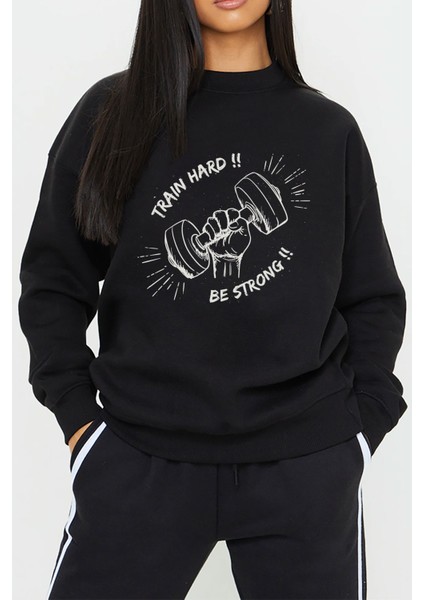 Spor Gym Baskılı Siyah Kadın Erkek Pamuklu Sweatshirt Cu36