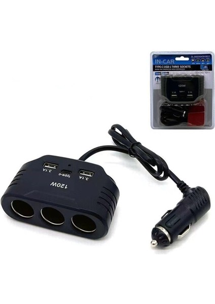 3'Lü Çakmak Soketi 120W 12V 3.1A Usb Type-C / Icca109