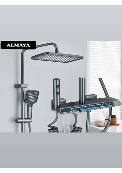 Almaya Tools Termostatik Duş Bataryası Seti Antrasit Piyano Dijital Duş Seti Akıllı Pirinç Banyo Duş Musluklar