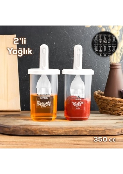 Porsima 0520 2'li Etiketli Silikon Fırçalı Yağlık - Sosluk-Yağdanlık Erzak Saklama Kabı 350CC - Beyaz