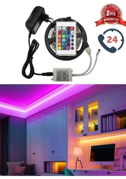 Şerit LED 5 Metre Animasyonlu Tak Çalıştır Kumandalı Trafolu Rgb Şerit Işık Aydınlatma Parti LED