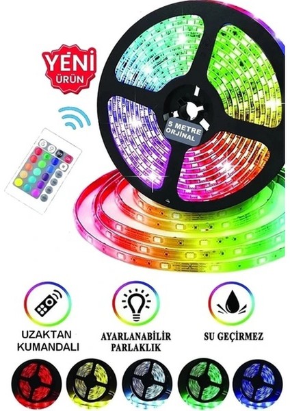 Şerit LED 5 Metre Animasyonlu Tak Çalıştır Kumandalı Trafolu Rgb Şerit Işık Aydınlatma Parti LED