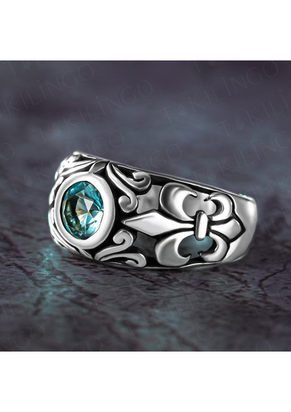 925 Ayar Gümüş Mavi Aquamarine Taşlı Zambak Motifli Zarif Erkek Yüzük