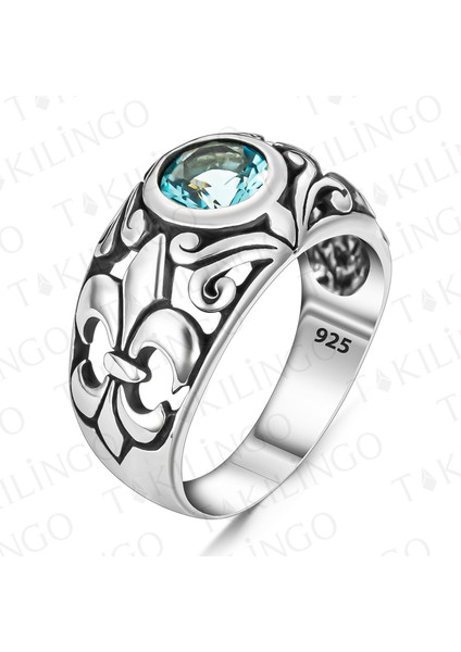 925 Ayar Gümüş Mavi Aquamarine Taşlı Zambak Motifli Zarif Erkek Yüzük fiyatları